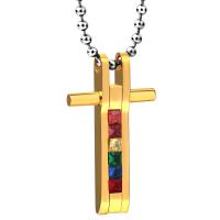 Titanstahl Halskette, Kreuz, plattiert, Regenbogen-design & unisex & mit Strass, keine, 20x35mm, Länge:ca. 23.6 ZollInch, verkauft von PC
