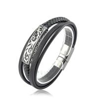 Stainless Steel Bracelet, with PU Leather, multilayer & different styles for choice & for man, black, Length:Approx 8.46 Inch, Sold By PC
