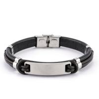 acier inoxydable bracelet, avec cuir PU, pour homme, noire, Longueur:Environ 8.26 pouce, Vendu par PC