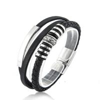 acier inoxydable bracelet, avec cuir PU, multicouche & pour homme, noire, Longueur:Environ 8.26 pouce, Vendu par PC