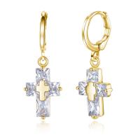 Huggie Hoop Drop Earring Brass Cross plated fashion jewelry & for woman & with cubic zirconia Sold By Pair