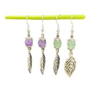 Natural Gemstone Earrings Natural Stone with Zinc Alloy zinc alloy earring hook Leaf silver color plated Sold By Pair