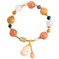 Lighter Imperial Jade Bracelet, with Copper Coated Iron & Gemstone, Flower, silver color plated, mixed colors, Length:Approx 6.3 Inch, Sold By PC
