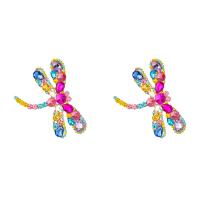 Zinc Alloy Drop Earrings Dragonfly gold color plated for woman & with rhinestone Sold By Pair