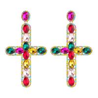 Rhinestone Earring, Tibetan Style, Cross, gold color plated, for woman & with rhinestone, more colors for choice, 68x123mm, Sold By Pair