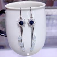 925 Sterling Silver Thread Through Earrings plated fashion jewelry & for woman & with cubic zirconia blue Sold By Pair