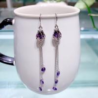 925 Sterling Silver Thread Through Earrings, plated, fashion jewelry & for woman & with cubic zirconia, purple, 70x8mm, Sold By Pair