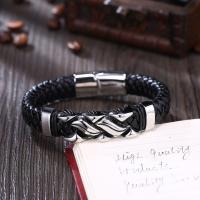 cuir PU bracelet, avec Acier titane, bijoux de mode & longueur différente pour le choix & motif tissé, noire, Vendu par PC