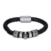 cuir PU bracelet, avec Acier titane, bijoux de mode & longueur différente pour le choix & motif tissé, noire, Vendu par PC