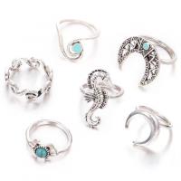 Cink Alloy Ring Set, Cink ötvözet, -val Szintetikus kék türkiz, ezüst színű bevonattal, 6 darab & a nő, 2.6cm,2cm,1.6cm,1.7cm, Által értékesített Set