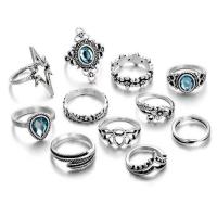 Tibetan Style Ring Set, antique silver color plated, 11 pieces & for woman & with rhinestone, 1.8cm,1.5cm,1.6cm,1.7cm, Sold By Set