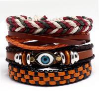 PU Leather Cord Bracelets, with Linen & Wood & Copper Coated Plastic & Tibetan Style, Eye, plated, 4 pieces & fashion jewelry, mixed colors, 17-18CM, Sold By Set
