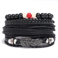 PU Leather Cord Bracelets with Linen & Wood & Copper Coated Plastic & Zinc Alloy 4 pieces & fashion jewelry black 17-18CM Sold By Set