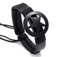 PU Leather Cord Bracelets with Linen & Zinc Alloy gun black plated fashion jewelry & woven pattern black 17-18CM Sold By PC