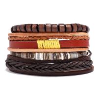 PU Leather Cord Bracelets, with Wax Cord & Wood, 4 pieces & fashion jewelry & woven pattern, mixed colors, 17-18CM, Sold By Set