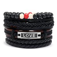 PU Leather Cord Bracelets with Linen & Wax Cord & Wood & Zinc Alloy plated 4 pieces & fashion jewelry & woven pattern mixed colors 17-18CM Sold By Set