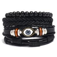 PU Leather Cord Bracelets with Wax Cord & Wood & Zinc Alloy Eye plated 4 pieces & fashion jewelry & woven pattern mixed colors 17-18CM Sold By Set