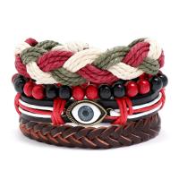 PU Leather Cord Bracelets with Linen & Wax Cord & Wood & Zinc Alloy Eye plated 4 pieces & fashion jewelry & woven pattern mixed colors 17-18CM Sold By Set