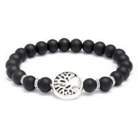 Glass Beads Bracelet with Zinc Alloy Tree silver color plated fashion jewelry black 8mm Sold Per 18-19 cm Strand