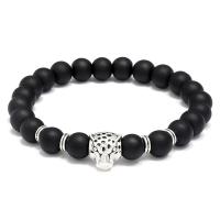 Glass Beads Bracelet with Zinc Alloy Leopard silver color plated fashion jewelry black 8mm Sold Per 18-19 cm Strand