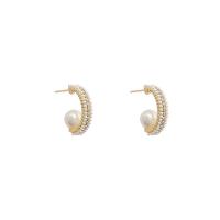 Tibetan Style Stud Earring, with ABS Plastic Pearl, 925 thailand sterling silver post pin, high quality plated, fashion jewelry & for woman & with rhinestone, golden, 20x8mm, Sold By Pair