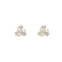 Cubic Zircon (CZ) Stud Earring, Brass, real gold plated, fashion jewelry & for woman & with cubic zirconia, golden, 13x14mm, Sold By Pair