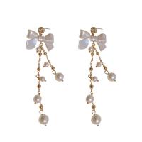 Zinc Alloy Drop Earrings with Plastic Pearl & Acrylic 925 thailand sterling silver post pin Bowknot high quality plated fashion jewelry & for woman & with cubic zirconia golden Sold By Pair