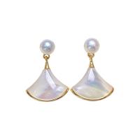 Freshwater Pearl Earrings, with 925 Sterling Silver, sterling silver post pin, Fan, gold color plated, for woman, white, 5-6mm, Sold By Pair