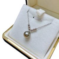 Tahiti Perlen Halskette, mit 925er Sterling Silber, rund, silberfarben plattiert, für Frau, schwarz, 9-10mm, Länge:ca. 15.75 ZollInch, verkauft von PC