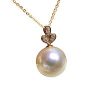 Золотой South Sea Pearl Ожерелье, с 18-каратное золото, Круглая, плакирован золотом, инкрустированное микро кубического циркония & Женский, 14-15mm, длина:Приблизительно 15.75 дюймовый, продается PC