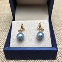 perles Akoya cultivées Boucle d'oreille goutte, avec or 18K, or 18 carats puce boucle d'oreille, Rond, Placage de couleur d'or, pour femme, bleu, 8.5-9mm, Vendu par paire