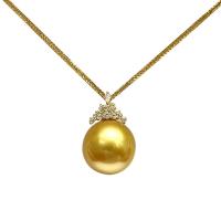 Goldene Südseeperlen Halskette, mit 18 K Gold, rund, goldfarben plattiert, Micro pave Zirkonia & für Frau, 14-15mm, Länge:ca. 15.75 ZollInch, verkauft von PC