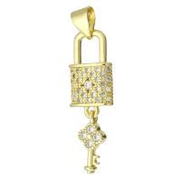 Cubic Zirconia Micro Pave Brass Pendant, Lock and Key, gold color plated, micro pave cubic zirconia, 32mm, Hole:Approx 3mm, 10PCs/Lot, Sold By Lot