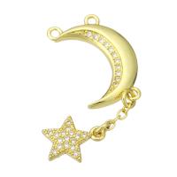 Cubic Zirconia Micro Pave Brass Pendant, Moon and Star, gold color plated, micro pave cubic zirconia & double-hole, 41mm, Hole:Approx 1mm, 10PCs/Lot, Sold By Lot