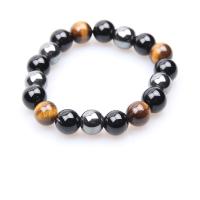 Gemstone Bracelets, Tiger Eye, with Magnet & Black Agate, polished, Unisex & radiation protection, mixed colors, 10mm, Length:7.5 Inch, Sold By PC
