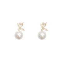 Brass Drop Earring, with Plastic Pearl, 925 thailand sterling silver post pin, real gold plated, fashion jewelry & for woman & with cubic zirconia, golden, 29x14mm, Sold By Pair