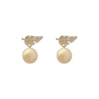 Ear Jackets, Brass, with Plastic Pearl, real gold plated, fashion jewelry & for woman & with cubic zirconia, golden, 24x13mm, Sold By Pair
