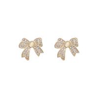 Zinc Alloy Stud Earring with Cats Eye 925 thailand sterling silver post pin Bowknot high quality plated fashion jewelry & for woman & with rhinestone golden Sold By Pair