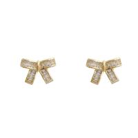 Cubic Zircon (CZ) Stud Earring, Tibetan Style, 925 thailand sterling silver post pin, Bowknot, real gold plated, fashion jewelry & for woman & with cubic zirconia, golden, 13x12mm, Sold By Pair