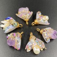 Quartz Gemstone Pendants, Resin, with pearl & Gemstone & Amethyst & Iron, gold color plated, different materials for choice & Unisex, more colors for choice, 26x30mm, Sold By PC