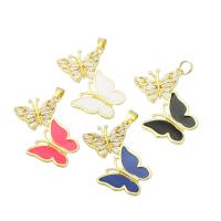 Cubic Zirconia Micro Pave Brass Pendant, Butterfly, gold color plated, micro pave cubic zirconia & enamel, more colors for choice, 24x31x3mm, Hole:Approx 3mm, 10PCs/Lot, Sold By Lot