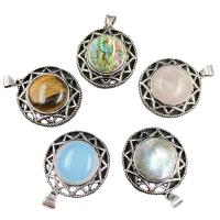 Gemstone Pendants Jewelry Zinc Alloy with Natural Stone Round antique silver color plated & Unisex nickel lead & cadmium free Sold By PC
