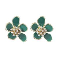 Tibetan Style Stud Earring, with acrylic rhinestone, Flower, fashion jewelry & for woman & enamel, green, 27x22mm, Sold By Pair