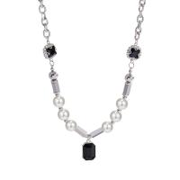 Titanium stål halskæde, med Plastic Pearl, med 2.36 extender kæde, mode smykker & for kvinde & med rhinestone, sølv, 18mm, Længde 17.7 inch, Solgt af PC