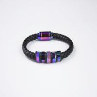 Leather Cord Bracelet, with Stainless Steel, colorful plated, different length for choice & Unisex, black, Sold By PC