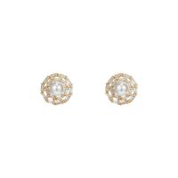 Cubic Zirconia Micro Pave Brass Earring, with ABS Plastic Pearl, 925 thailand sterling silver post pin, real gold plated, fashion jewelry & for woman & with cubic zirconia, golden, 14x14mm, Sold By Pair