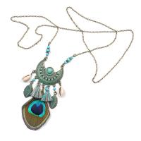 Zinek svetr řetěz náhrdelník, s Peacock Feather & Skořápka, módní šperky & pro ženy, multi-barevný, 100x34mm, Délka 80 cm, Prodáno By PC
