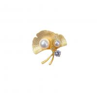 Zinc Alloy Brooches with Plastic Pearl Ginkgo Leaf gold color plated fashion jewelry & for woman & with rhinestone nickel lead & cadmium free Sold By PC