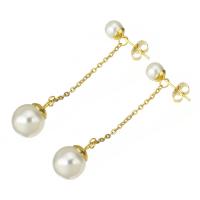Stainless Steel Drop Earring, with Plastic Pearl, gold color plated, for woman, 48mm, Sold By Pair