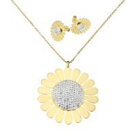 Fashion Stainless Steel Jewelry Sets Stud Earring & necklace Sunflower 2 pieces & fashion jewelry & for woman & with rhinestone golden 18*18*15mm 60*17mm Length 18.5 Inch Sold By Set